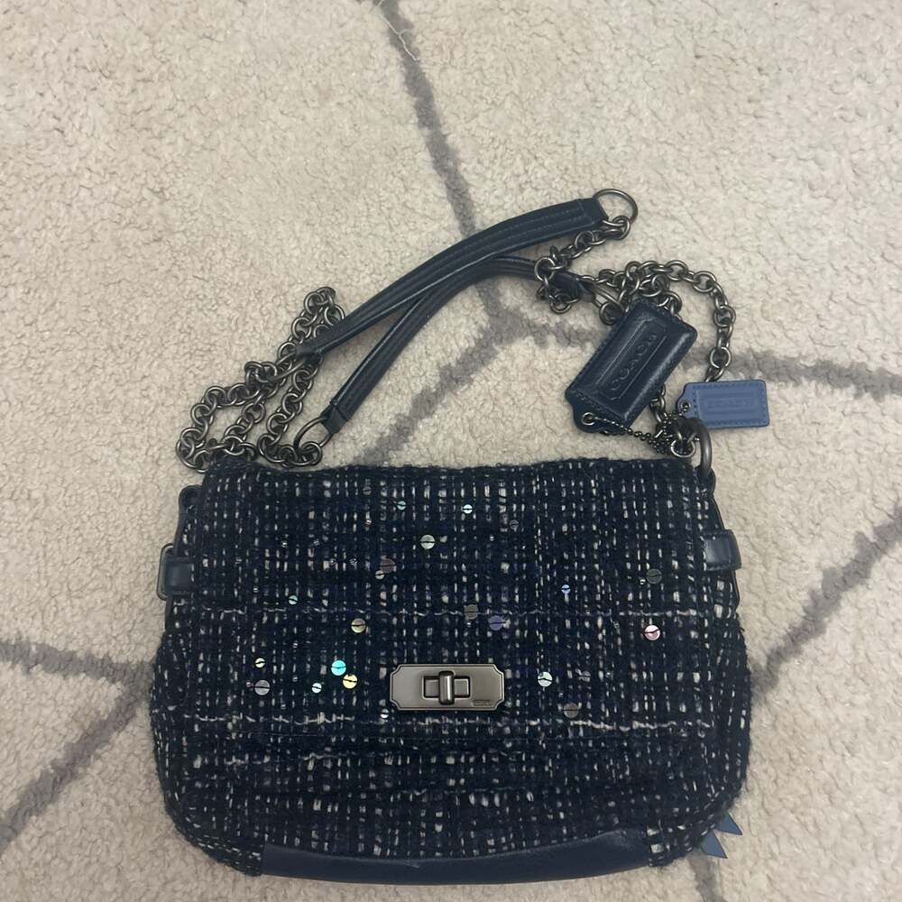 Coach Navy Blue Tweed Chelsea Boucle Flap Convertible Shoulder Bag